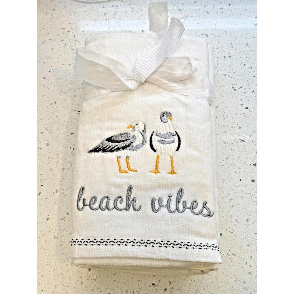 Shoreline Seagulls Beach Vibes Hand Towels Embroidered Bathroom Summer Set of 2